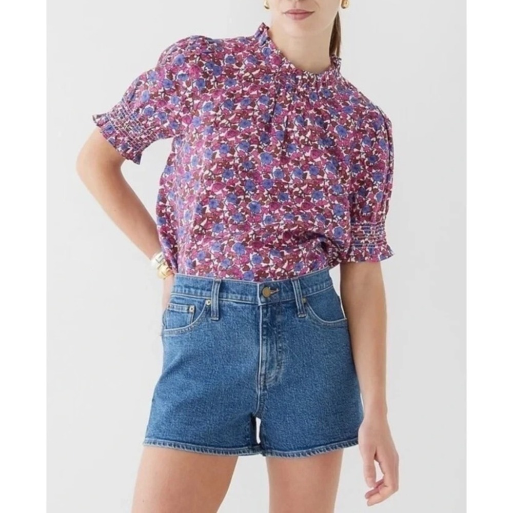 J.Crew Smocked 100% Linen Puff-Sleeve Top in Berry Floral High Neck Blouse XS